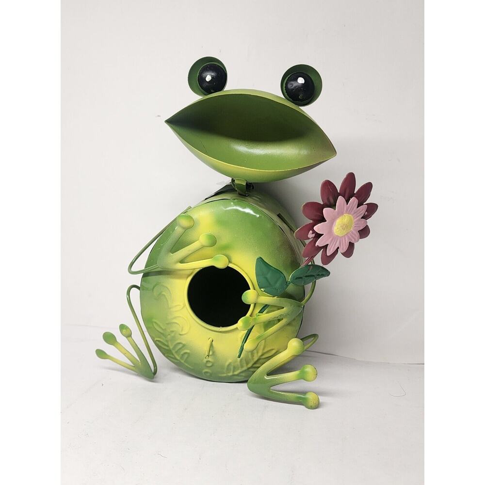 Hand Painted Rustic Metal Bird Houses Frog With Flower